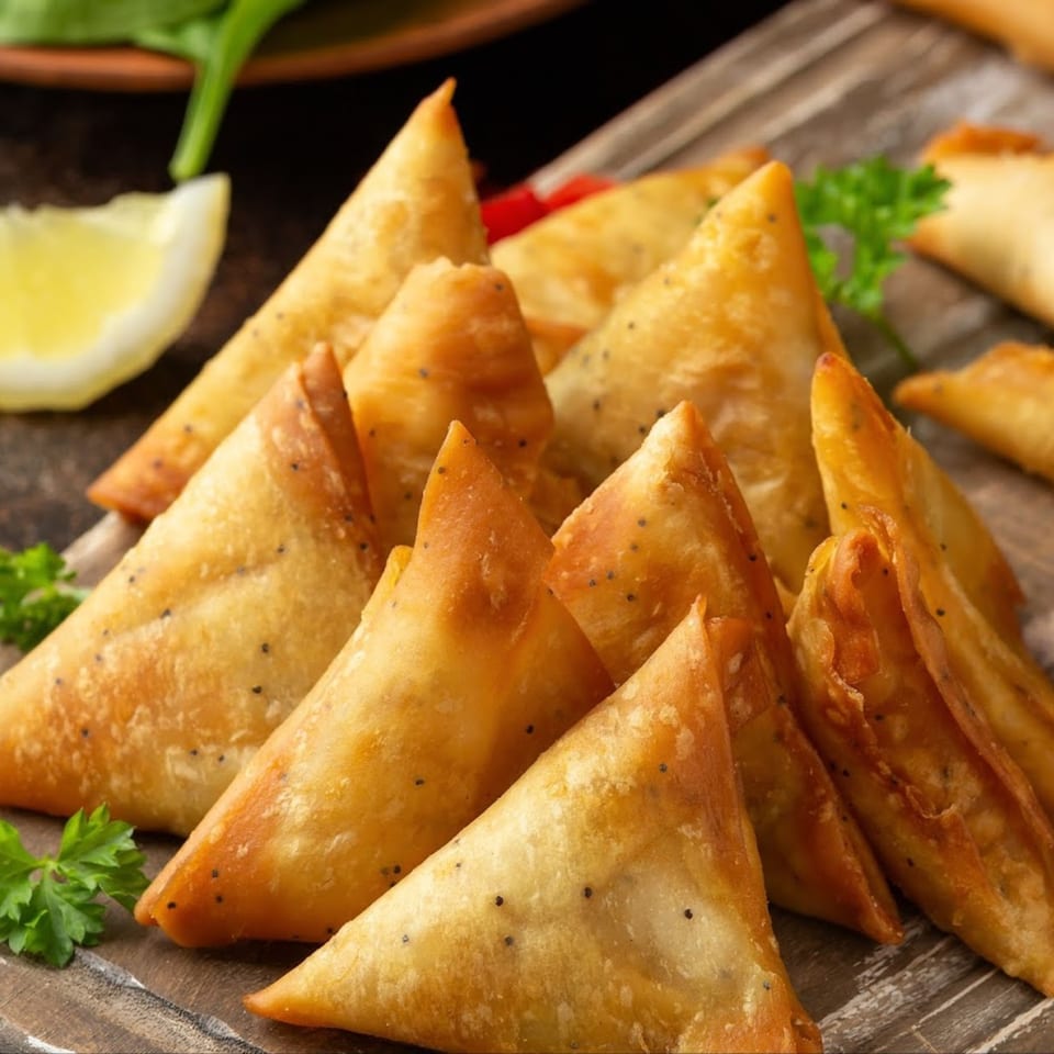 Annapurna Eats' golden-brown samosas with poppy seeds, garnished with parsley and a lemon wedge.