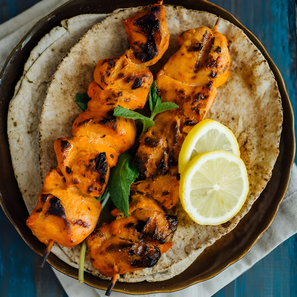 Two skewers of grilled orange chicken tikka with mint and lemon slices on flatbread.