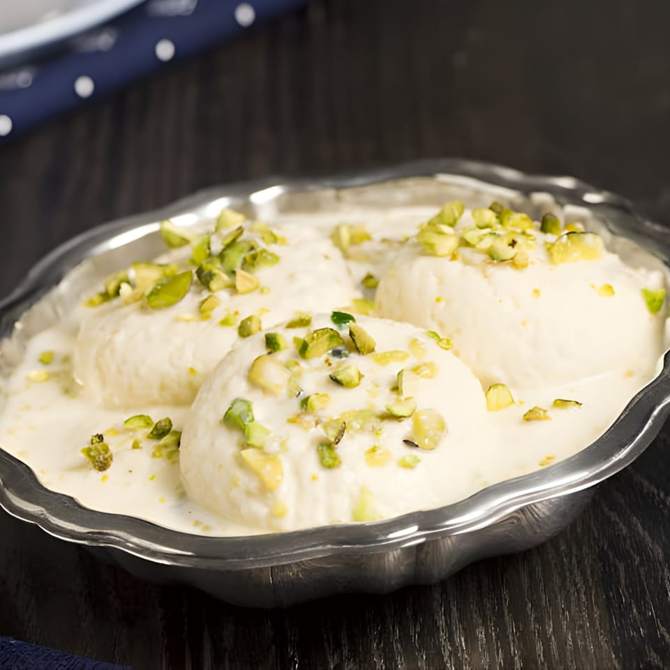 Annapurna Eats' Rasmalai, a creamy Indian dessert with soft cheese dumplings and chopped pistachios.