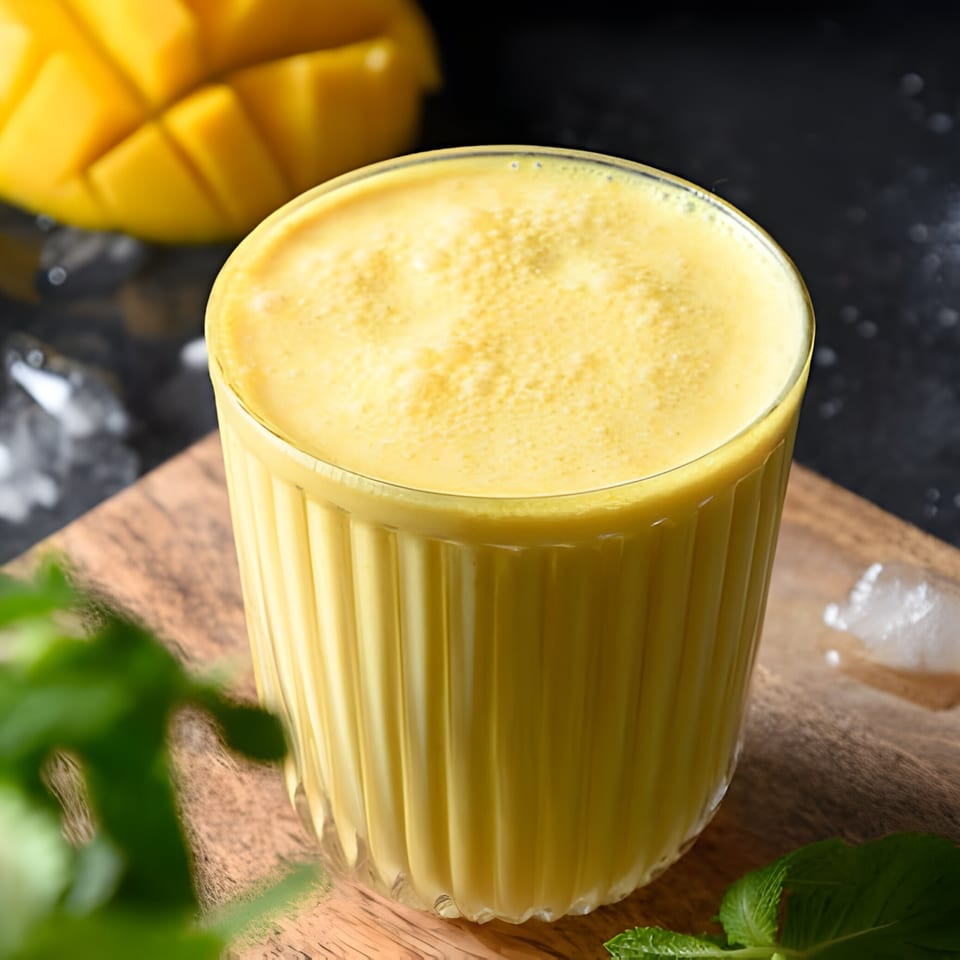 A glass of Annapurna Eats' mango lassi, with a sliced mango and mint leaves in the background.