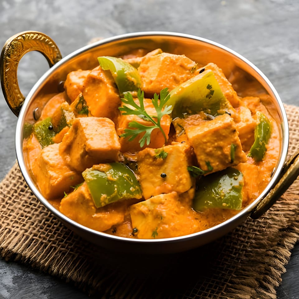 Annapurna Eats' Indian paneer butter masala with green bell peppers in a brass bowl.