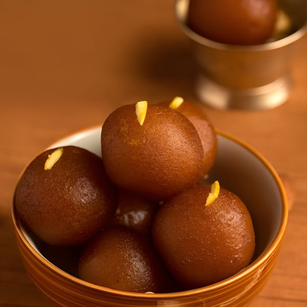 A bowl of Annapurna Eats gulab jamun, garnished with slivered almonds, on a wooden surface.
